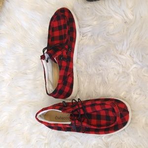 Red plaid slip-on shoes- moccasins
